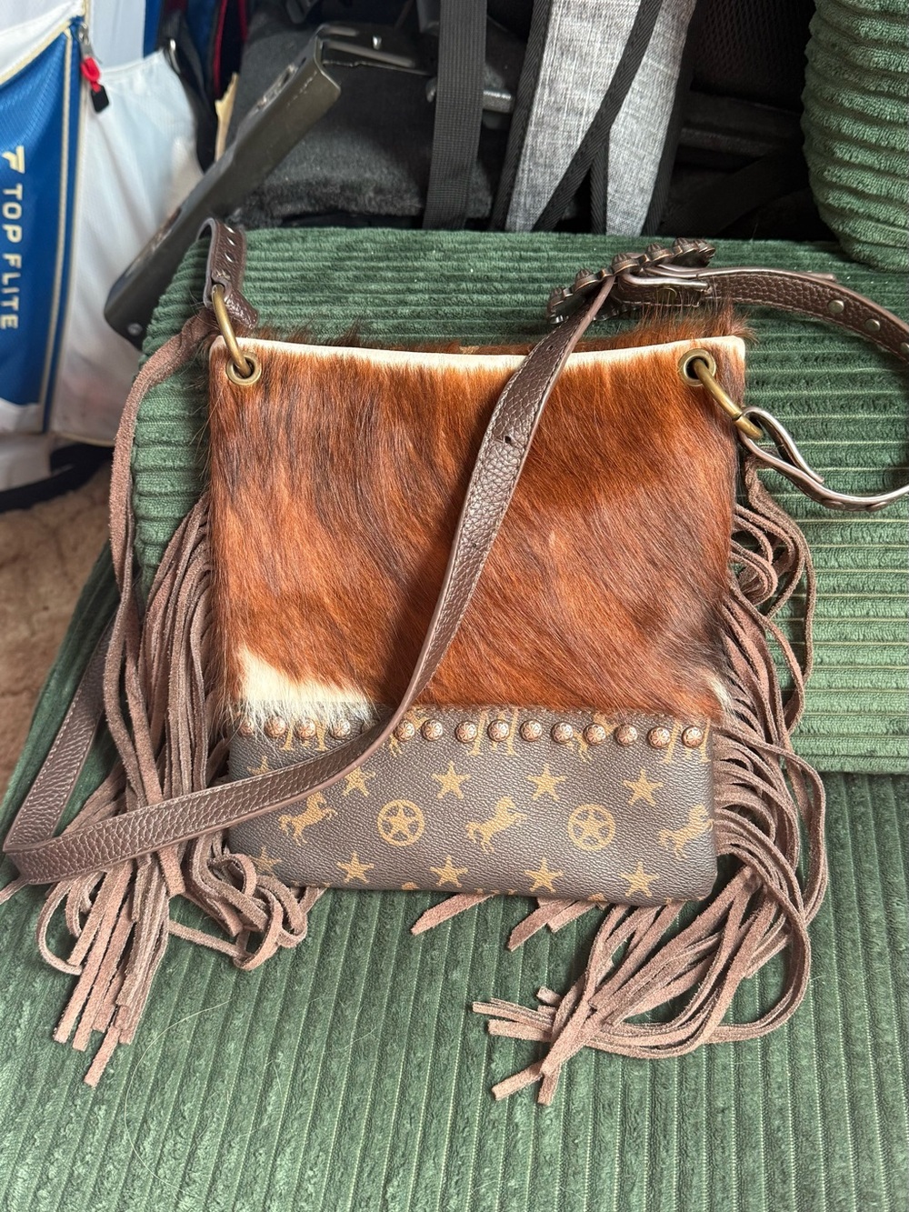 Montana West Brown Haircalf Fringe Crossbody with Studded Printed Panel